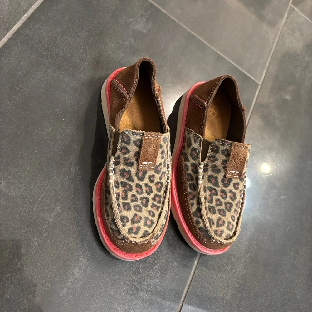 Ariat Kids Leopard Print Slip-On Shoes with Brown and Pink Accents